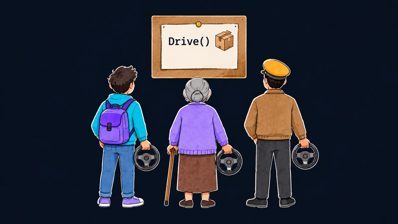 Объявление о вакансии курьера Drive() на доске, под ним в очередь стоят студент, пенсионер и таксист