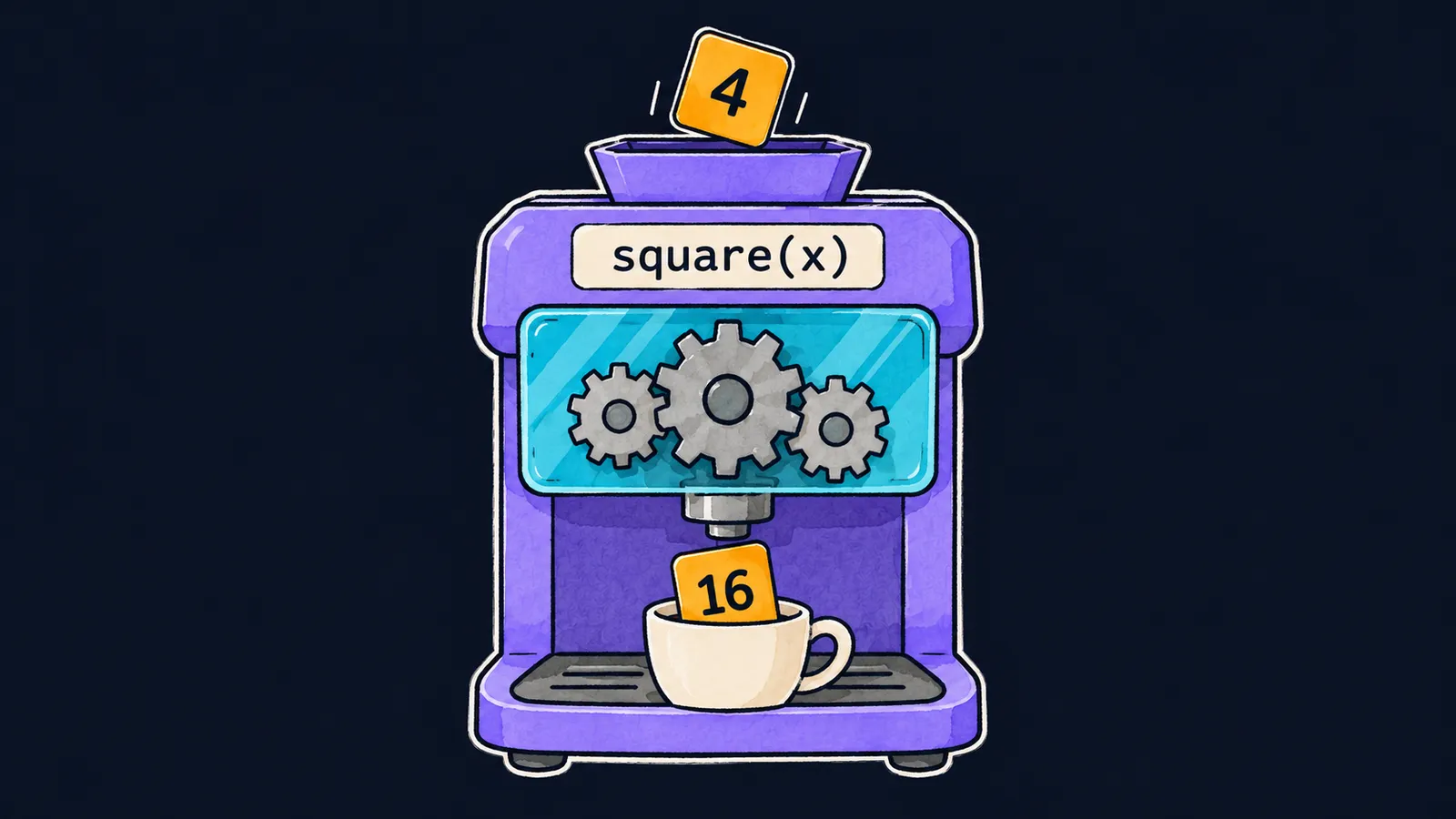 В отсек кофемашины square(x) падает плитка 4, а в чашке под носиком лежит плитка 16