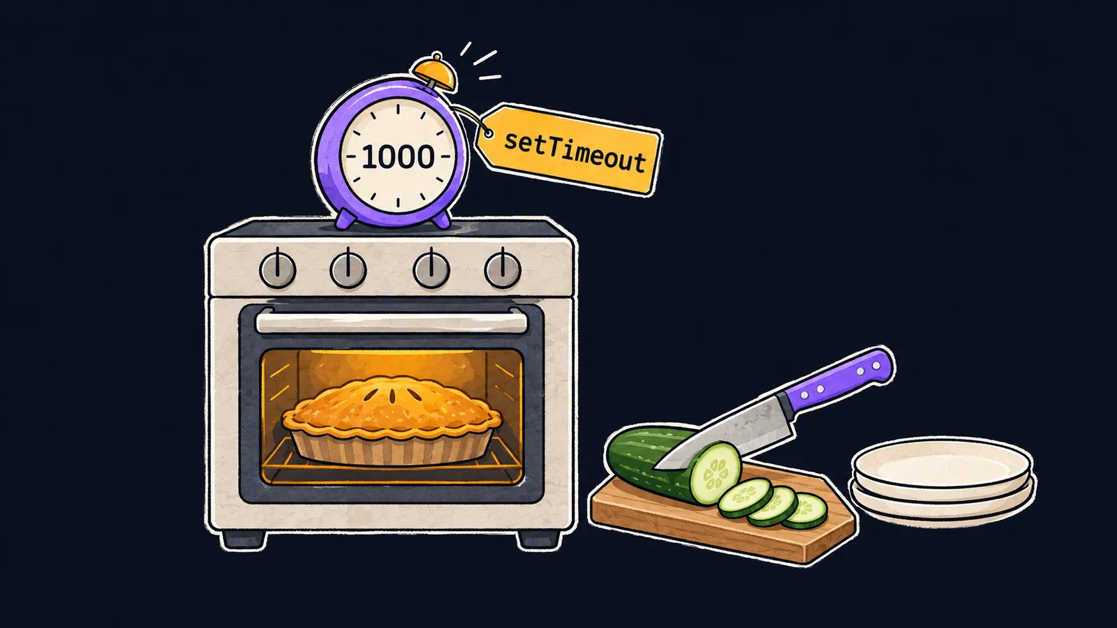 Духовка с пирогом и кухонный таймер setTimeout на 1000, а рядом идёт другая работа — нарезка салата