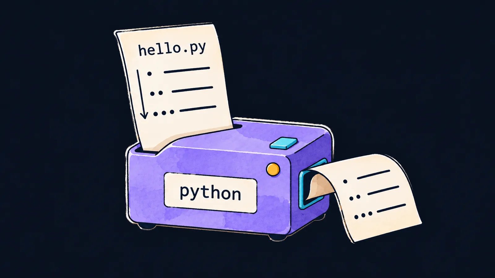 Лист hello.py входит в машину python, и из неё выходит лента с тремя строками в том же порядке