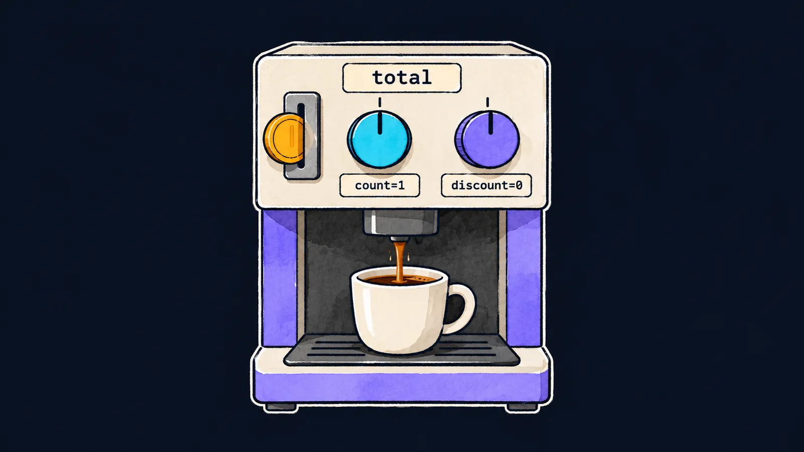 Кофемашина total, в щель входит монета, а две ручки уже стоят на count=1 и discount=0