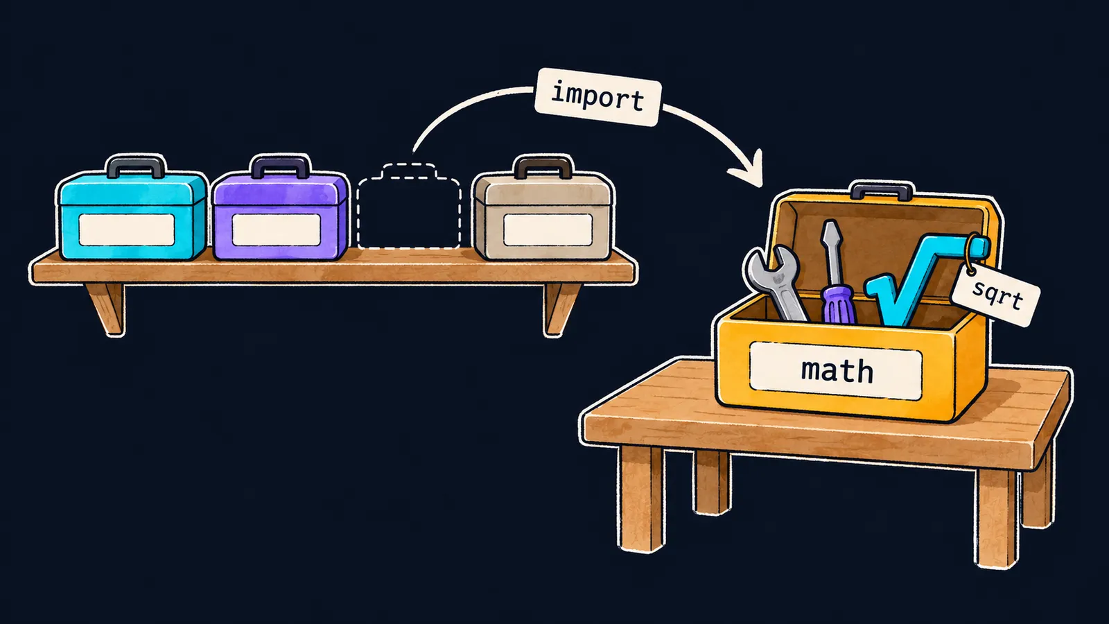 Ящик math переезжает с полки на верстак по стрелке import, внутри инструмент sqrt